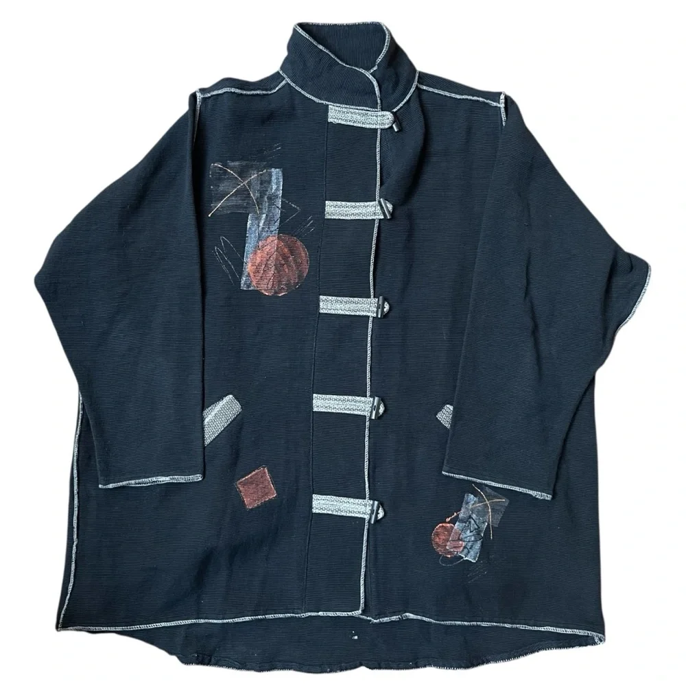 Tribe apeopleunited Women's Faded Black Kimono Artistic‎ Accents Woven Cotton - Picture 5 of 8